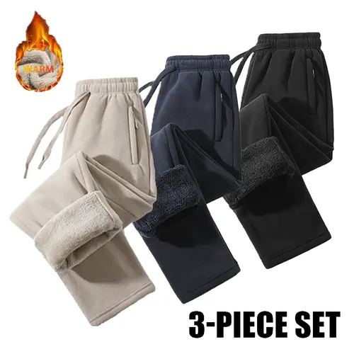 Unisex Fleece-Lined Sweatpants Flat Front Casual Pants for Lounging & Running, Brushed Interior Polyester Thermal, Loose Fit with Zippered Pockets – Keep Warm, Plain Chic Cold-Weather Men’s Pants