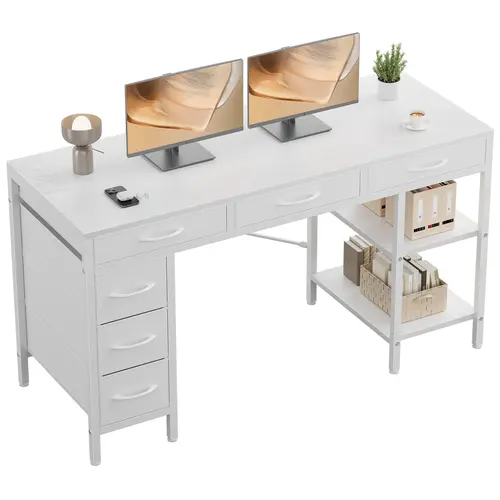 Sweetcrispy Sturdy Adjustable Modern 6-Drawer Computer Desk with Storage Shelves - Desk with Drawers, Modern Writing Table, Commercial Office Workstation for Home Office Craft & Gaming Use