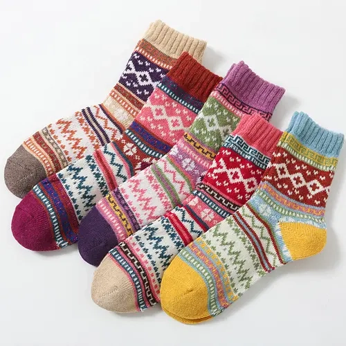 5-Pairs Thick Socks Women's Cross Flower Mixed Wool Socks Retro Style Artistic Women's Socks