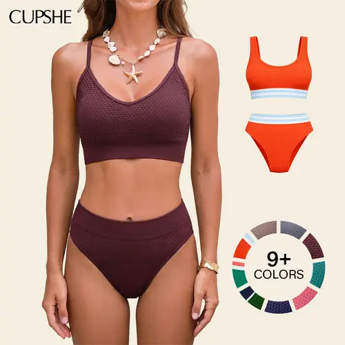 CUPSHE Women's Cocoa Hour Brown Supportive 2-Piece Bikini Set - Adjustable Straps, High-waisted, Tummy Smoothing, Classic Coverage Nylon Swimsuit with Diamond Accent, Matching 2 Piece Sets #DealsForYouDays