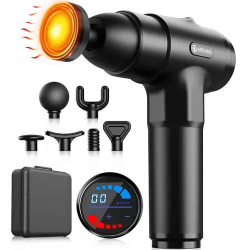 AERLANG Silent Heat Massage Gun - 8 Heads, Adjustable Speed Levels, Cordless Dual Function Electronic Handheld Massager for Back & Neck Pain Relief, Home-Car Use, Christmas/Birthday Beauty & Personal Care Gift