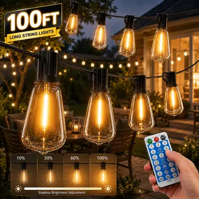 【GLEAM】100FT Solar String Lights, Light Sensor Activated (Day Charge/Night Auto On), Waterproof & Shatterproof, 8 Modes with Dusk to Dawn and Dimmable, Great for Patio, Porch, or Garden