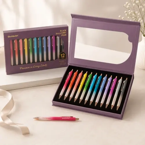 Shuttle Art Aesthetic Retractable Ballpoint Pen Appreciation Gift Set - 12 Unique 1.0mm Gradient Black Ink Aesthetic Colors Stationery Writing Tools, Black Pens Bulk for Work, Office Supplies