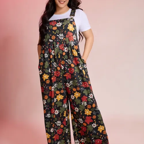 BloomChic Women's Plussize Tropical Print Wide Leg Overalls [M-6X] - Breezy Sleeveless Square Neck 1-Piece, Leisure-Ready Tropical Clothing With Pockets, Summer Vacation Casual Outfit For Curvy Women, SohoChic