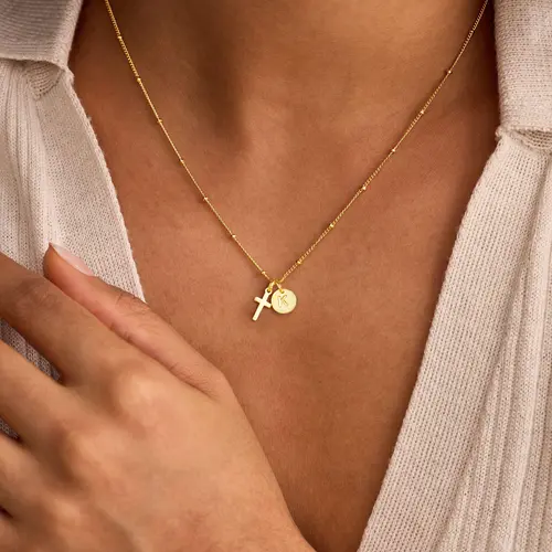 Turandoss Women's 14K Gold Plated Cross Initial Necklace - A-Z Letter Disc Pendant, Dainty Faith Costume Jewelry, Religious Gift for Teenage Girls, Womens Gifts, M, V, X, TikTokShopFallDealsForYou