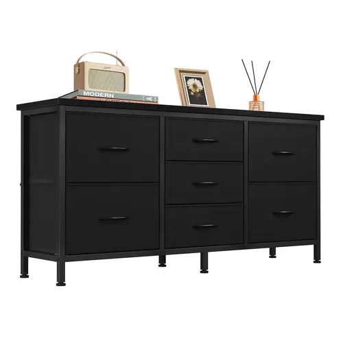 Sweetcrispy 4+3 Drawer Fabric Dresser with Metal Frame & Particle Board - 47-in Minimalist TV Stand Bedroom, 55-in Modern TV Console for Living Room, Wide Storage Chest with Adjustable Legs, Apartment Furniture & Living Room Decor