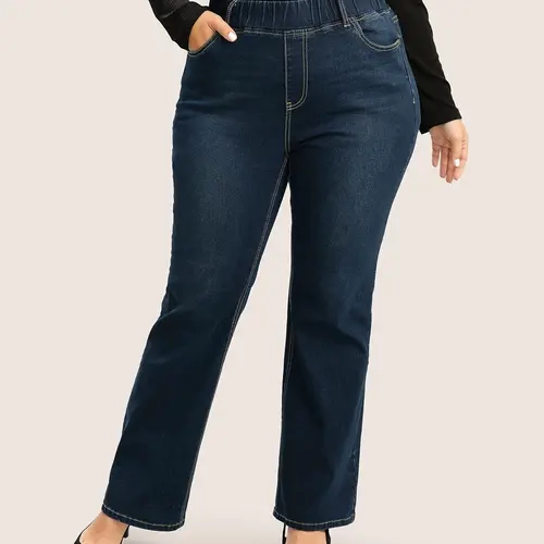 BloomChic Plus Size Women's Indigo Denim Bootcut Jeans - High-Stretch Pull-On Cotton Blend Fabric, Elastic Waist, Slanted Pockets, Low Iron for Daily Wear, Curvy Bottoms [M-6X] Fall Pick, Back To School，SohoChic