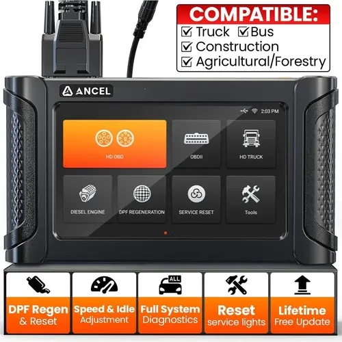 ANCEL HD7000 Elite 7in Heavy Duty Automotive OBD2 Scan Tool - DPF Regen, Speed Limit, Idle & Service Reset, Full System HD OBD Diagnostics for Cummins, Detroit, Volvo, CAT, Paccar, International, Western Star, Car Accessories with Customer Assurance