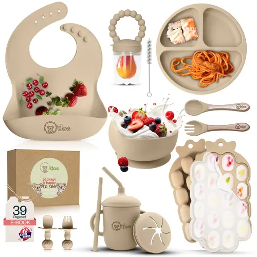 O'doe Baby Weaning Set – 15 Pcs Silicone Feeding Kit with Suction Plate Bowl Bib Sippy Cup Fruit Feeder Freezer Tray for 6-12 Months Food Tableware Safe Durable BPA Free