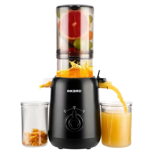 INKBIRD Compact Electric Cold Press Juicer Machine - 150W Power, 45-55 RPM, 113mm Feed Chute, 1.2mm Filter, 650ml Juice Cup, High Yield, Easy to Clean, Auto Shutdown, 120V/60Hz Portable Countertop Kitchen Appliances (Black, Mesh, Host)