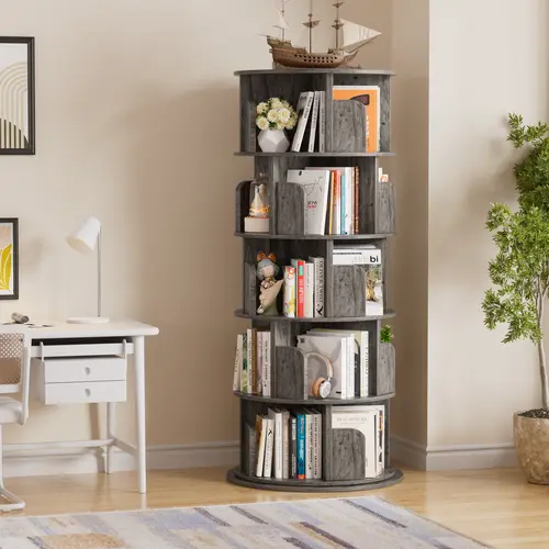 5-Tier 360° Rotating Bookshelf, 63.6" Tall Revolving Bookcase with Large Storage Capacity, 15.7" Small Footprint Wooden Book Tower for Living Room, Bedroom, Home Office & Kids Room