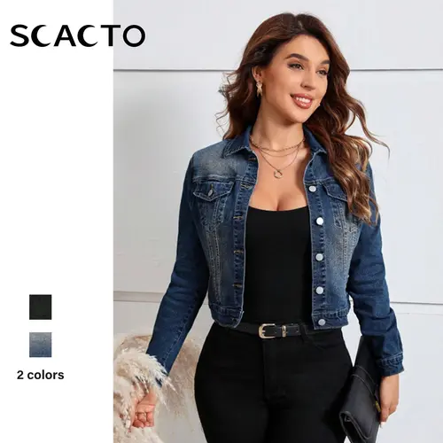 【Plus Size】Scacto Women's Plus Size Fitted Collared Long-Sleeve Distressed Cropped Denim Jacket - 100% Polyester Plain Outerwear Piece, Sizes S-3XL