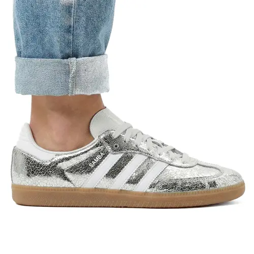 Adidas Samba OG Women's Sneaker - Silver Metallic Cracked Leather Round Toe Casual Trainer, Sports Shoes for Training, Walking Shoes JR0035