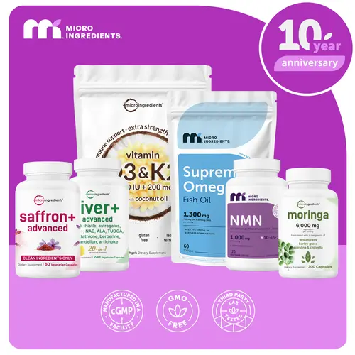 Micro Ingredients Powerhouse Bundle: Liver+ Advanced, Supreme Omega-3 Fish Oil, Saffron+ Advanced, NMN Complex, Moringa Capsules & D3K2 10000IU Softgels