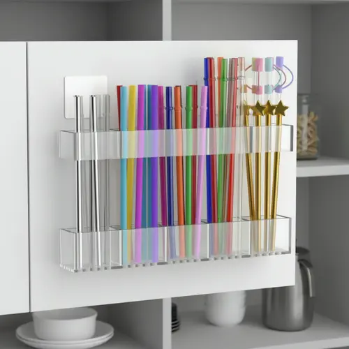 9.5 inch Large Acrylic Straw Organizer for Cabinet Doors is a reusable stick on storage holder with strong adhesive a space saving kitchen accessory for countertops and cupboards Clear