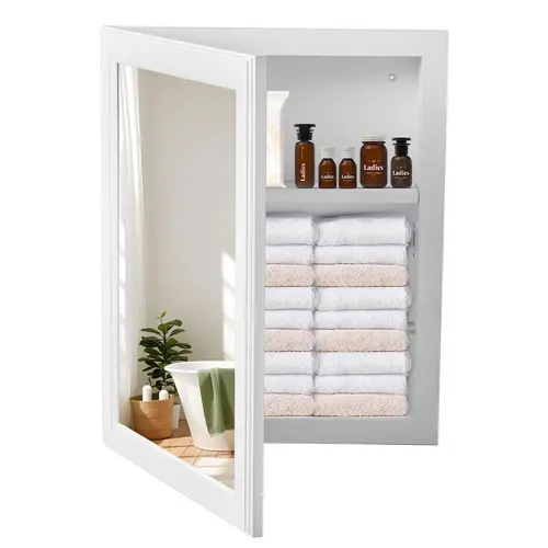 Bathroom Mirror with Storage Medicine Cabinet Adjustable Shelf Recessed Surface Wall Mount for Vanity Sink Crystal-Clear Reflection Steam-Resistant Glass Flexible Door Installation Whisper-Quiet Soft-Close Mechanism