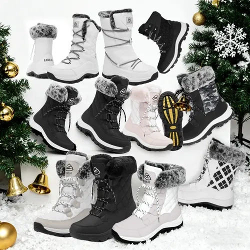 Women's All Black Laceless Round Toe Ankle Slip-On Boots - Faux Fur Lined, Waterproof, Lightweight Insulated, Quick Slip-On, -20°F Cold Weather Gear, Outdoor Walking Shoes, Outdoors Footwear