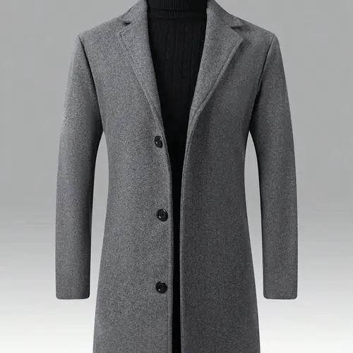 KZZ Men's Classic Midi Button-Up Coat - Casual Solid Warm Long-Sleeve Regular-Fit Lapel Neck Outerwear, Easy Button Front for Fall & Winter Daily Wear, Student Outfits