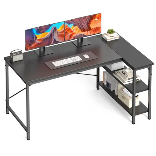 Sweetcrispy L-Shaped Modern Corner Desk - Commercial Office Furniture, Apartment Furniture, Room Decor, Reversible Shelf Storage, Large Workspace, Adjustable Legs, Steel Frame, Easy Assembly, Space-Saving, Robust Stability, Dual Monitor Setup Desk