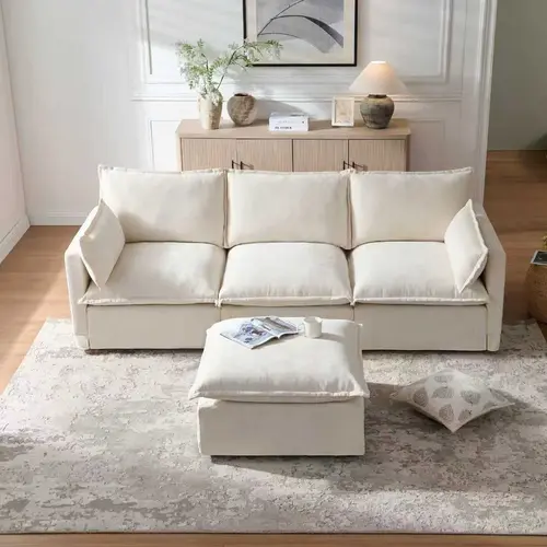93-Inch L-Shaped Sectional Couch with Multifunctional Ottoman, 4-Seat Modular Chenille Fabric Piece with Pillows, Sleek Design Family Living Room Modern Minimalist DIY Comfy Cloud Furniture (Beige)
