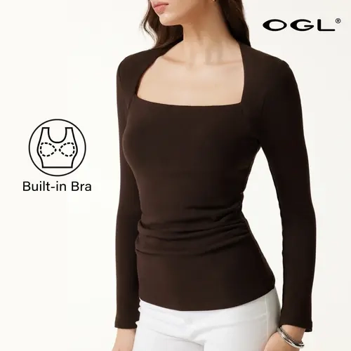 OGL Women's Long Sleeve Top with Built-In Bra, Bra top,Trapeze Neck Ruched Slim Fit Brushed Rib Shirt for Fall & Winter Fall Deals For You