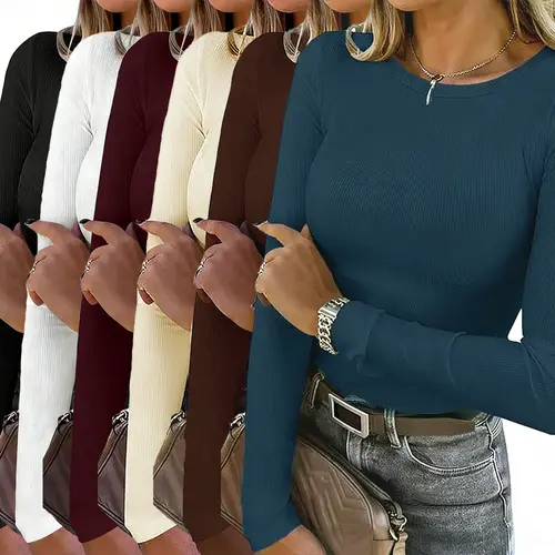 【Limited Time Deal】【Fast Shipping】Women's Crew Neck Rib-Knit Spandex Fabric T-Shirts - Full Sleeves, Slim-Fitted, Extra Coverage, Knitwear Clothes for Women - 6-Pcs Multicolor Fashion Tops for Fall Casual Layering, Pairs with Tees, Hoodies, or Jackets