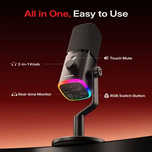 MAONO 100W Rechargeable Dynamic RGB USB Streaming Mic - Rotating Boom Mic, Aesthetic ABS Build, Wired-Wireless, Space-Saving, Quick Mute, Headphone Jack, Gain/Volume Knob, Cable Charging for PC Gamers (PC, Smartphone, Laptop, PS4, PS5 Compatible), Cordles