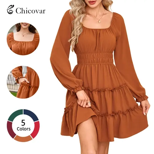 Chicovar Casual Dress for Women, Side Pockets, Lantern Sleeves, Flattering Smocked Waist , Stylish for Family Photos, Church, Westernfashion, Summervibes