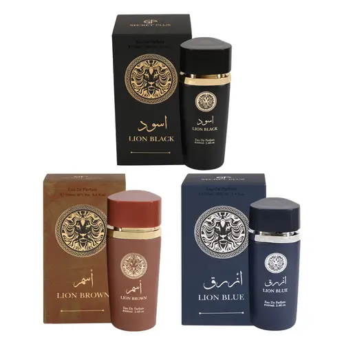 Bundle of Secret Plus Lion Black and Lion Brown and Lion Blue Spray Perfume Eau de Parfum for Men - 100ml/3.4fl.oz. - Men's Fragrance by Secret Plus