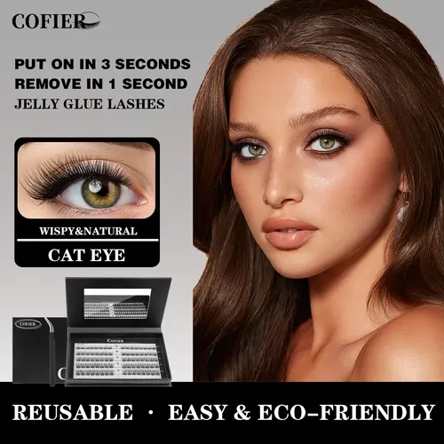 COFIER Cat Eye Self-Adhesive DIY Eyelash Extensions Kit for Adults & Beginners - 8-14mm C Curl (80/90/120 Pcs), Free Glue & Tweezers for Neat Placement, Quick Thick Natural Lash Clusters at Home, Eyelash Enhancing False Lashes & Adhesives Accessories Kit