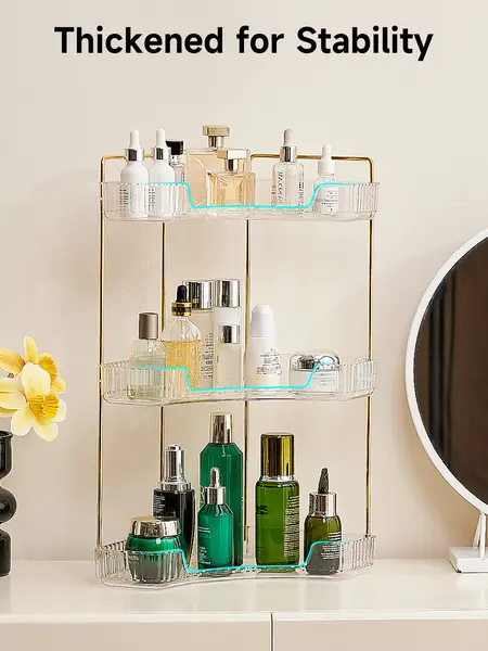 UFORU 3 Tiers Corner Bathroom Counter Organizer, Clear Countertop Shelf Storage Rack, Cosmetic Perfume Tray Standing Holder with Gold Metal Pole, Skincare Sink Organizer for Vanity Kitchen Transparent Smooth