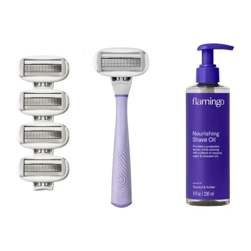Flamingo Razor + 4pc Refills and Shave Oil Bundle