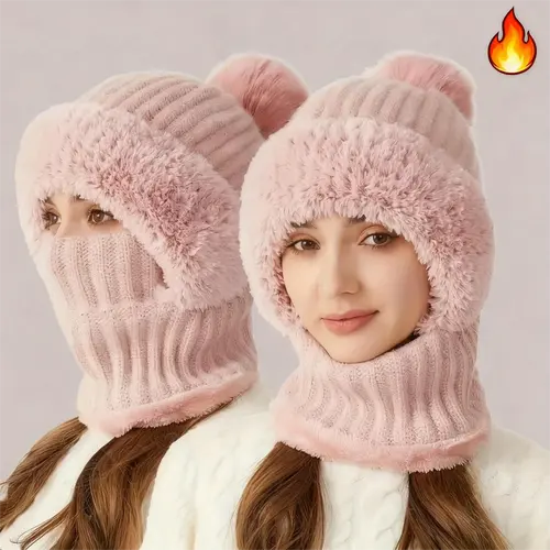 3 in 1 Women's Matching Winter Accessories Set Cozy Fleece Lined Knit Beanie with Ear Flaps, Windproof Neck Warmer, Mask for Outdoor Cycling, Women's Matching Sets