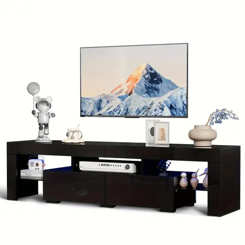 【Father's Day Gift】Multifunctional TV Stand - 63in Rectangular High Glossy Modern TV Console Table for 55/60/65/70in Screens, Blue LED Lights, 2 Glass Shelves, Easy Setup, Home Cinema Living Room Furniture, Sohochic