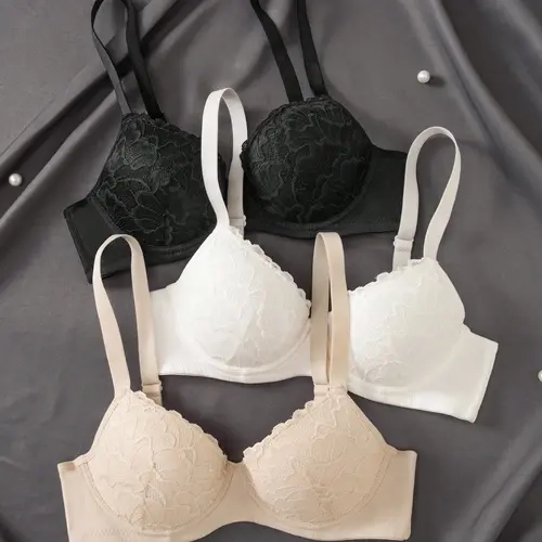 3pcs Solid Floral Lace Underwire Bra - Sexy Comfy Push Up Bra - For Women - Made With Lace & Underwire - Suitable For Everyday Wear & Special Occasions
