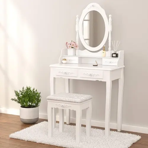 FCH Modern Classic Wooden Makeup Vanity with 360-Degree Rotatable Built-in Mirror, 4-5 Drawers, Stool, Lamp - Assembly Required Small-Scale European Bedroom Dresser, Makeup Organization Solution for Girls