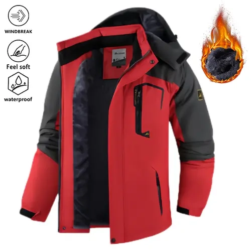 Breathable Waterproof Men's Mid-Length Hooded Colorblock Red Black Plaid Fitted Polyester Fleece-Lined Warm Windbreaker Jacket - Pull-On, Suitable for Outdoor Mountaineering, Hiking, Breathable Waterproof Men's Fleece Jackets