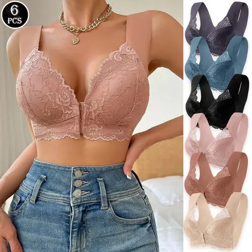 Women's Chic 6pcs Nylon Blend Wire-Free Bralettes - Deep V-Neck, 3/4 Coverage, Hook-and-Eye Closure, Retro Racerback, Floral Contrast Black Lace, Soft Breathable All-Season Everyday Bralette Top for Daily Elegance