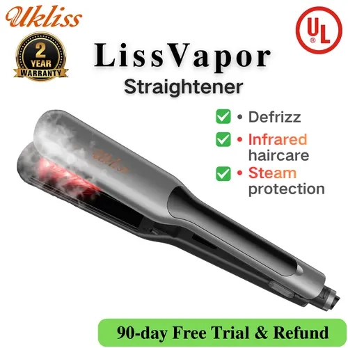 UKLISS LissVapor Unisex 2-in-1 Hair Straightener & Curler Tool - US Plug, Adjustable Handle, 2-Year Warranty, Steam Protection, Infrared Protection, Frizz Control, Softening, Smoothing, For All Hair Types, Curl Guide