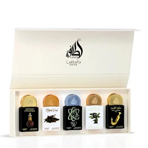 Lattafa Pride #2 Collection 5 Piece Mini Gift Set - Regular Edition Eau de Parfums with Artisan Ethnique Natural Oud Tharwah Silver Eternal Oud Ishq Al Shuyukh Gold