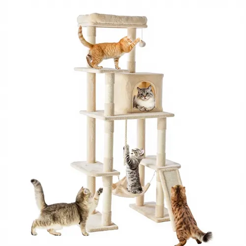 Sweetcrispy 63-in Large Multi-Level Modern Indoor Cat Tree Vertical Tower for Cats, Kittens - Natural Sisal Scratching Posts, Condo, Extended Platform, Hammock, All-Seasons Pet Home, Comfortable Resting Spot, Claw Health Support