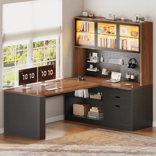 Sedeta Modern L-Shaped Multi-Functional Home Office Furniture Desk - 27.5in Wide, 3 Wooden Drawers, Large Bookshelf, RGB Lights Display Cabinet, Pegboard Base, DIY-Ready Gaming Desk for Bedroom Workspaces