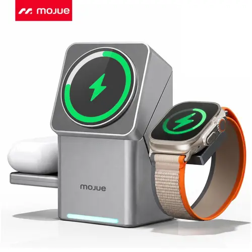 MOJUE 3-in-1 Portable Qi2 Certified 15W Fast Magnetic Charging Station Full Kit (With Cable) - USB-C Auto-Rotate Pad for iPhone 18/17/16/15/14/13/12 Pro Max, Smartwatch, Earbuds, iPhone-Compatible Mobile Chargers for Smartphone, Cellphone, Devices