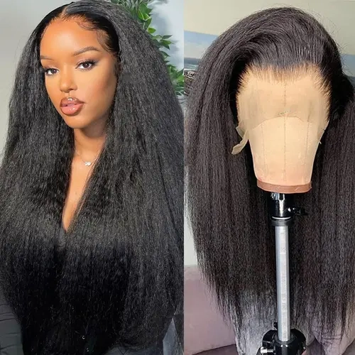 [28 in $79.9] Imani 13X6 Kinky Straight Long Natural Human Hair Wig, 180% Density Transparent HD Lace Front Wig, Pre-Plucked With Baby Hair for Black Women, Natural Wig