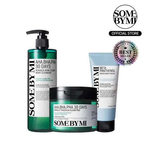 Miracle Body Exfoliation & Soothing Set – Korean Skin Care – Body Wash & Pad & Cream Routine to Treat Back Acne, Body Odor Control & Repair Barrier