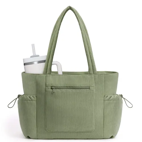 Women's Plain Retro Large Corduroy Multi Pocket Tote Handbag - Lightweight Work Business Bag with Laptop Compartment, Cup Holder, Luggage Sleeve for College Commute