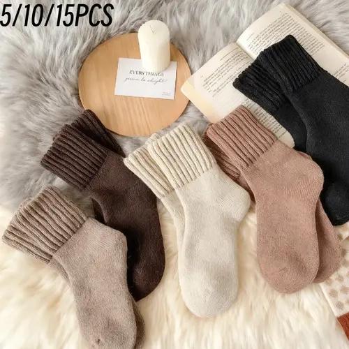 5/10/15/20 Pairs Women's Solid Mid-calf Socks, Casual Soft Comfy Minimalist Warm Socks for Fall & Winter Women's Socks for Daily Wear