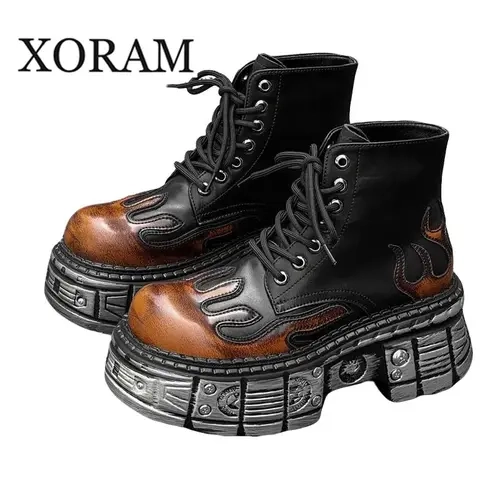 Men's Edgy Bold Punk Design Fashion Footwear - Synthetic Leather Lace-Up Mid Boots, Round Toe Closed, Thick Sole Boost Height-Increasing Chunky Platform, Casual Walking Shoes