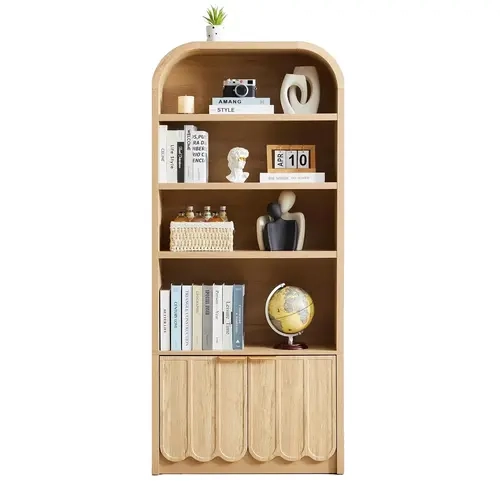 Giratree 70" Tall Arched Bookshelf with Storage Cabinet, Modern 4-Tier Wood Bookcase with Scalloped Doors & Gold Handles, Open Display Shelves for Living Room, Bedroom, or Home Study Office