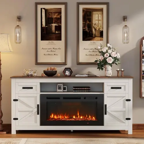 Aoxun Farmhouse TV Stand with Sliding Barn Door & Black Electric Fireplace, 80" Capacity, Storage Cabinets, 12 Flame Colors, 12 Backlight Modes, 198lb Load, Wood Console with Detailed Guides (White)